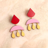 celestial wooden statement earrings in red and pink
