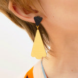 wooden dangle earrings gold and blue