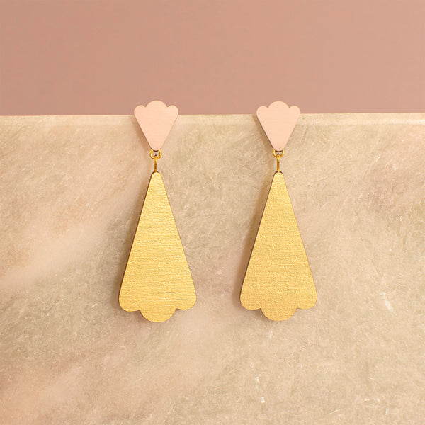 wooden dangle earrings in gold and nude