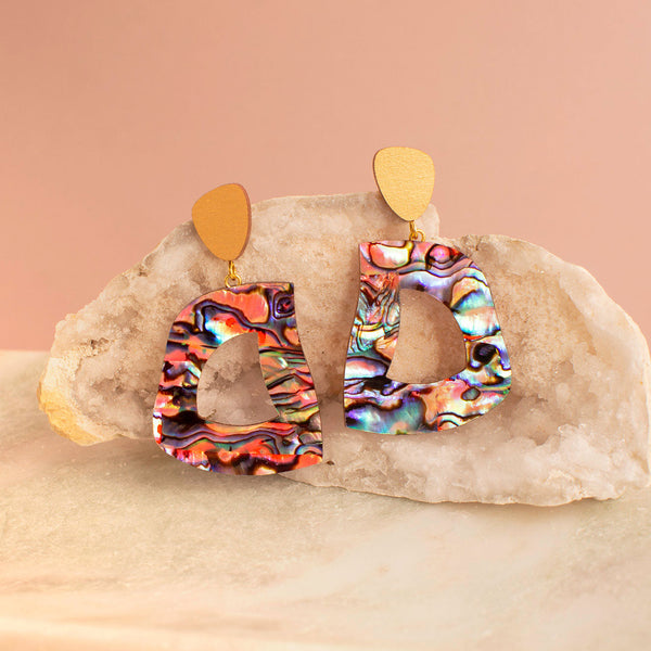 statement earrings paua shell and wood 