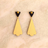 long wood earrings in gold and midnight blue