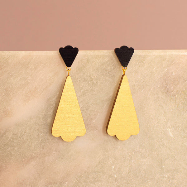 wooden dangle earrings gold and blue