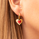 heart charm on hoop  gold and red pearl