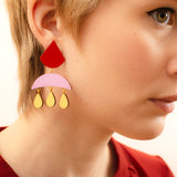 wooden moon statement earrings red and pink